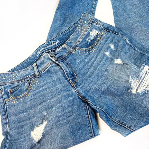 AEO Skinny Stretch Blue Jeans Studded Distressed Sz 10 - Picture 1 of 11